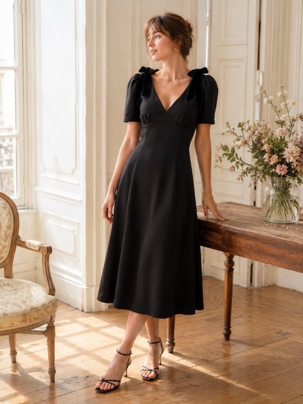 ASTR the Label Womens Midi Dress Sz XS Black Velvet Bow V-neck Puff Sleeve Retro